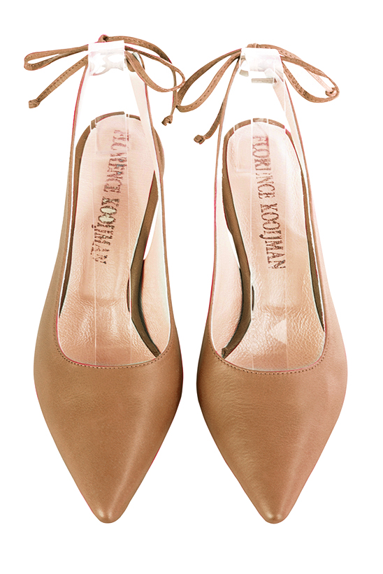 Camel beige women's slingback shoes. Pointed toe. Medium slim heel. Top view - Florence KOOIJMAN